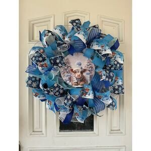 Winter Highland Cow Wreath Blue White Let It Snow Holiday Decor Christmas Decor